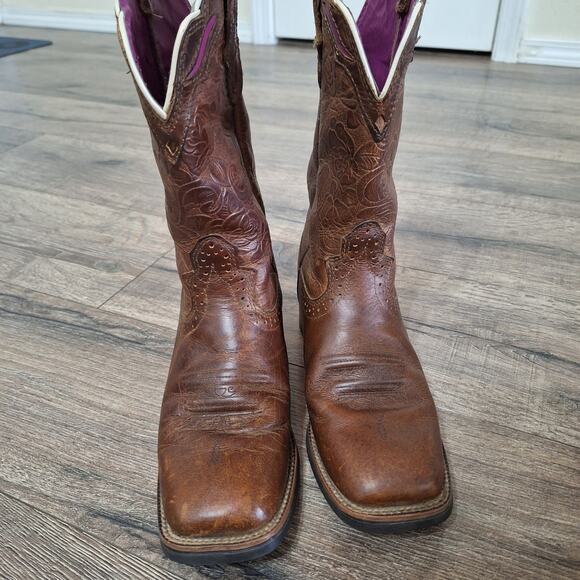 Justin square Toe Cowgirl Western Brown Leather Boot womens 6.5 - Picture 2 of 9